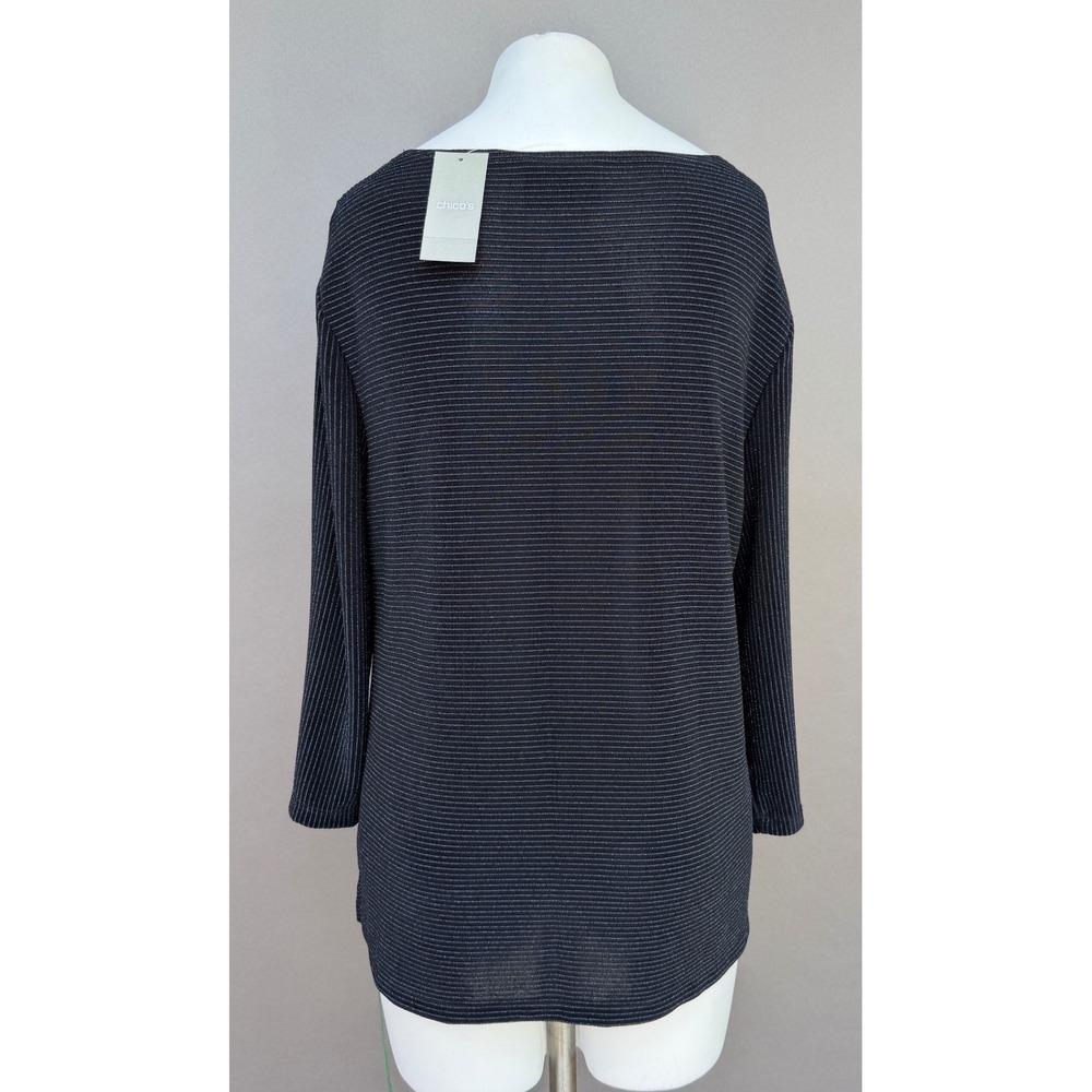 Chicos Travelers Lurex Stripe Top 2 Large Black Silver Metallic 3/4 Sleeve NEW - Picture 5 of 13